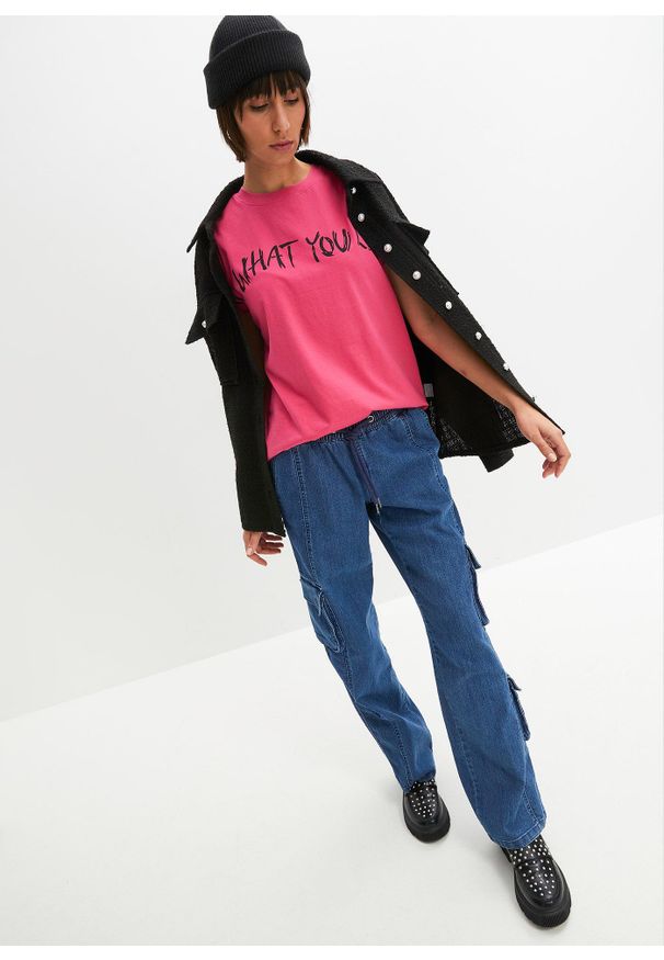bonprix - T-shirt oversize z czystej bawełny organicznej. Kolor: różowy. Materiał: bawełna. Wzór: nadruk