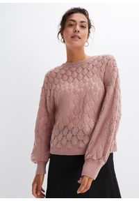 bonprix - Sweter ażurowy. Kolor: różowy. Wzór: ażurowy