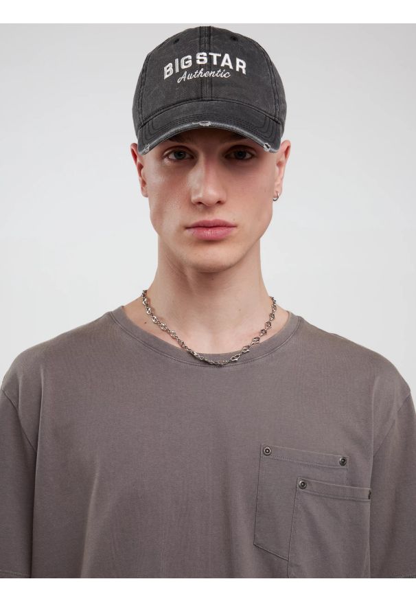 Big-Star - Koszulka męska z podwójną kieszonką na piersi szara Retores 905. Kolor: szary. Materiał: jeans. Wzór: nadruk