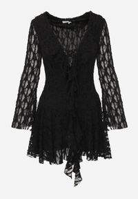 Born2be - Czarna Koronkowa Sukienka z Falbankami i Wiązaniem przy Dekolcie Delanatea. Okazja: na co dzień. Typ kołnierza: kołnierz z falbankami. Kolor: czarny. Materiał: koronka. Sezon: wiosna, lato. Styl: casual, elegancki #3