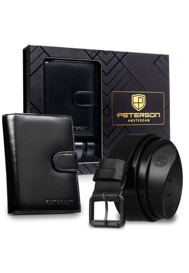 Zestaw prezentowy: skórzany, pionowy portfel męski w czarnym kolorze z systemem RFID i pasek ze skóry naturalnej - Peterson. Kolor: czarny. Materiał: skóra