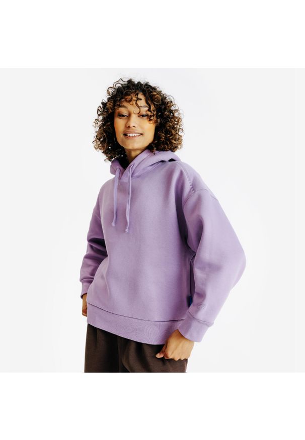 Decathlon - Bluza z kapturem damska Elementals. Typ kołnierza: kaptur. Kolor: fioletowy. Materiał: poliester, elastan, tkanina, prążkowany, bawełna, materiał