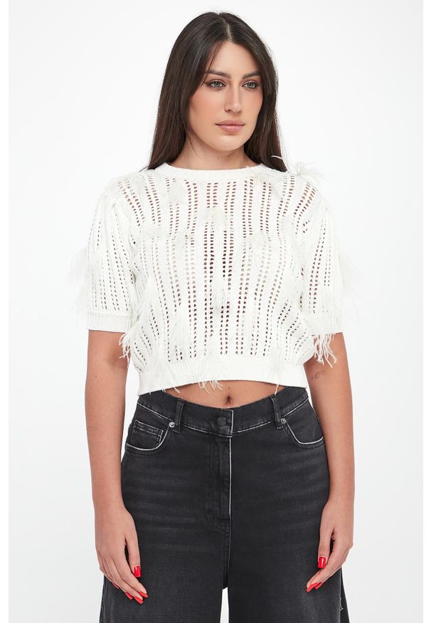 Twinset Milano - Sweter damski ażurowy z piórkami TWINSET. Wzór: ażurowy