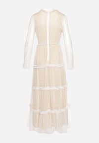 Born2be - Biała Rozkloszowana Sukienka Maxi z Przezroczystszego Tiulu Ozdobiona Koronką Lanessa. Kolor: biały. Materiał: tiul, koronka. Wzór: aplikacja, koronka. Długość: maxi #5