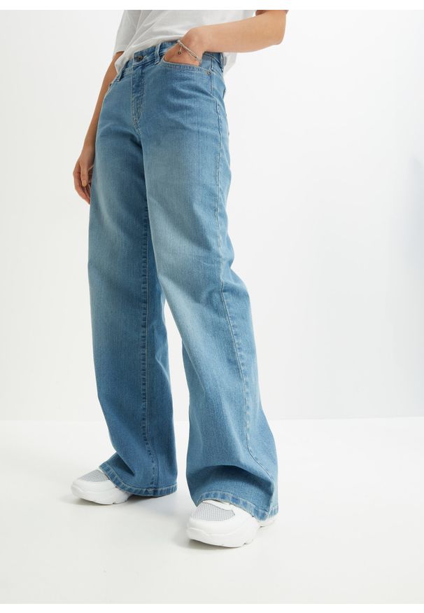 bonprix - Dżinsy Wide Leg, mid waist, ze stretchem. Kolor: niebieski