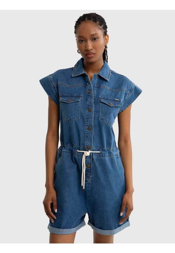 Big-Star - Kombinezon damski jeansowy niebieski Livia 329. Okazja: na co dzień. Kolor: niebieski. Materiał: jeans. Typ sukienki: sportowe. Styl: sportowy, elegancki, casual