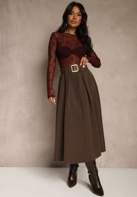 Renee - Brązowa Spódnica z Wiskozą o Rozkloszowanym Kroju z Paskiem z Klamrą Tiavela. Okazja: na co dzień. Kolor: brązowy. Materiał: wiskoza. Styl: elegancki, casual