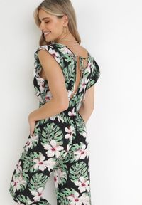 Born2be - Czarno-Zielony Bawełniany Kombinezon z Długimi Nogawkami w Kwiatowy Wzór Daina. Okazja: na spacer. Kolor: zielony. Materiał: bawełna. Długość: długie. Wzór: kwiaty. Sezon: lato. Styl: elegancki, street #5