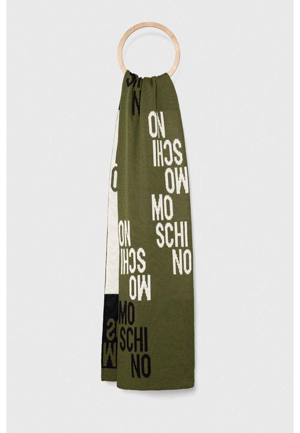 MOSCHINO - Moschino szalik wełniany kolor zielony wzorzysty. Kolor: zielony. Materiał: wełna