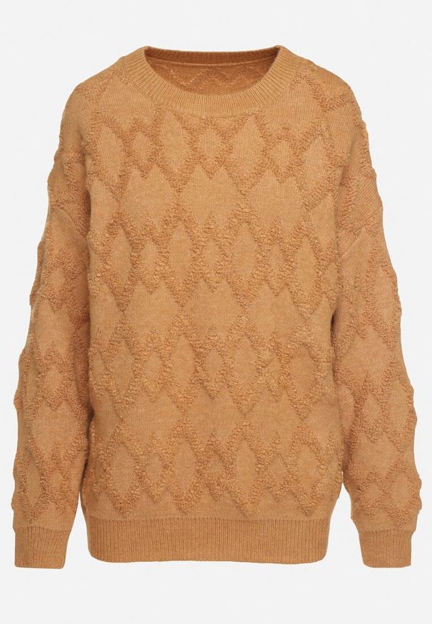 Born2be - Brązowy Sweter o Luźnym Kroju i Wzorzystym Splocie ze Ściągaczami Elondrae. Okazja: na co dzień. Kolor: brązowy. Materiał: jeans, bawełna. Wzór: ze splotem. Styl: elegancki, casual
