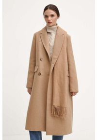 medicine - Medicine płaszcz z domieszką wełny kolor beżowy przejściowy dwurzędowy. Kolor: beżowy. Materiał: wełna. Wzór: aplikacja. Styl: klasyczny