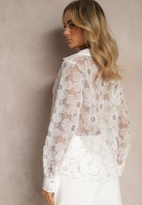 Renee - Jasnobeżowa Koszula Transparentna z Motywem Kwiatów Perełkami i Cekinami Raviolla. Kolor: beżowy. Materiał: jeans. Wzór: kwiaty #4