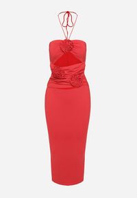 Born2be - Czerwona Wiązana Midi Sukienka z Wycięciami i Aplikacjami z Materiału Cherice. Kolor: czerwony. Materiał: materiał. Wzór: aplikacja. Długość: midi #7