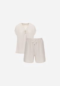 Renee - Beżowy Komplet z Wiskozą T-shirt z Ozdobnymi Guzikami i Szorty Niterela. Kolor: beżowy. Materiał: wiskoza #4