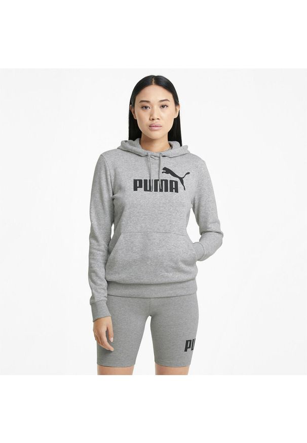 Puma - Damska bluza Essentials z kapturem i logo PUMA Light Gray Heather. Typ kołnierza: kaptur. Kolor: wielokolorowy, czarny, szary. Materiał: poliester