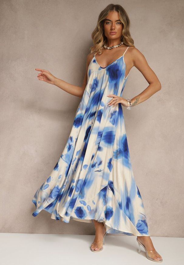 Renee - Niebieska Sukienka z Wiskozy Ozdobiona Abstrakcyjnym Wzorem Nilluna. Okazja: na co dzień. Kolor: niebieski. Materiał: wiskoza. Długość rękawa: na ramiączkach. Wzór: aplikacja. Sezon: lato. Typ sukienki: sportowe. Styl: elegancki, casual, sportowy