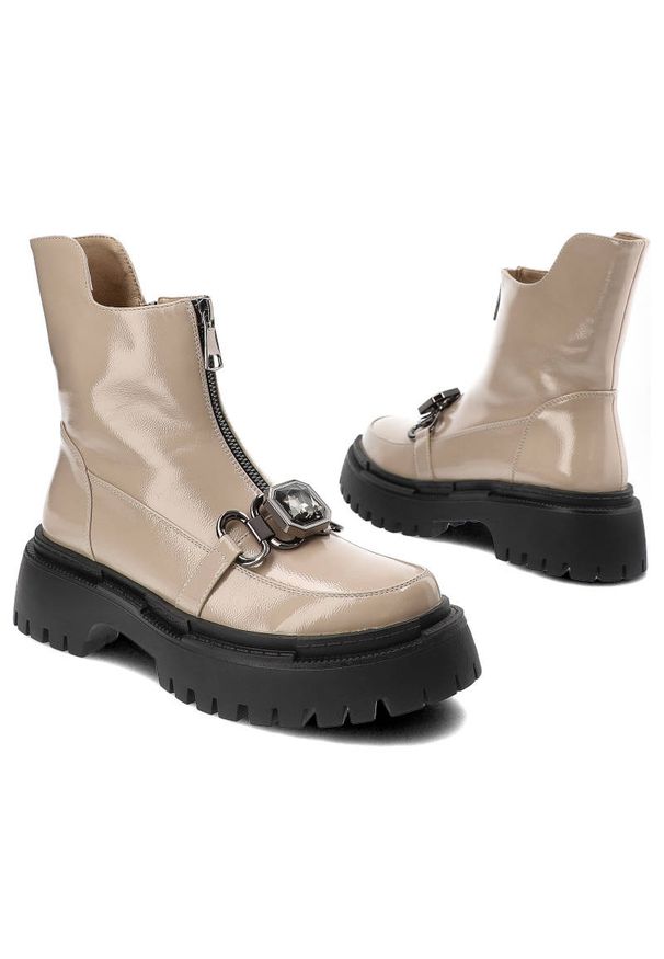 Beżowe Botki S.Barski Modne Buty Damskie. Zapięcie: klamry. Kolor: beżowy. Materiał: skóra ekologiczna. Obcas: na platformie. Styl: elegancki