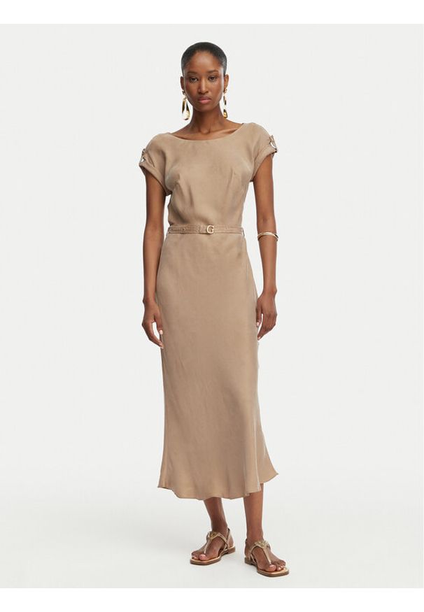 Guess Sukienka codzienna W6GK50 W1950 Beżowy ciemny Regular Fit. Okazja: na co dzień. Kolor: beżowy. Materiał: wiskoza. Typ sukienki: proste. Styl: casual