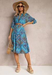 Renee - Niebieska Koszulowa Sukienka z Bawełnianej Tkaniny z Mozaikowym Wzorem Tesahina. Kolor: niebieski. Materiał: bawełna, tkanina. Sezon: lato. Typ sukienki: koszulowe #4