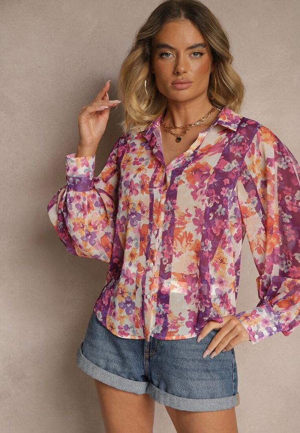 Renee - Fioletowa Koszula z Szerokimi Rękawami z Przezroczystej Tkaniny Barias. Kolor: fioletowy. Materiał: tkanina. Styl: klasyczny