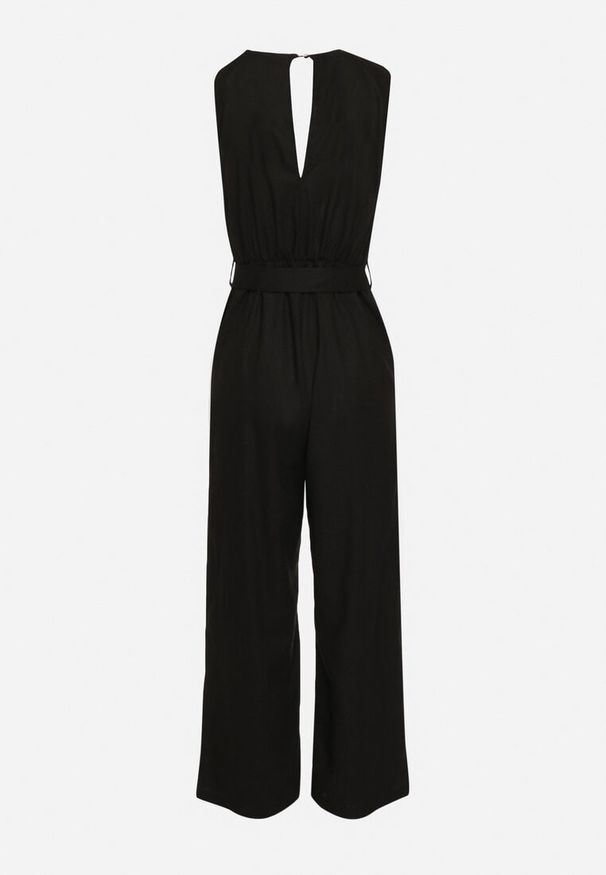 Born2be - Czarny Kopertowy Kombinezon z Bawełny z Gumką w Talii Szerokimi Nogawkami i Paskiem Hralfrea. Okazja: na co dzień. Kolor: czarny. Materiał: bawełna. Styl: casual, elegancki