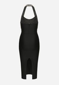Born2be - Czarna Dopasowana Sukienka z Wiskozą z Dekoltem Halter i Rozcięciem Zdobiona Perłami Sanithiel. Okazja: na imprezę. Typ kołnierza: dekolt halter. Kolor: czarny. Materiał: wiskoza. Wzór: aplikacja #7