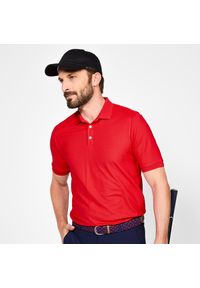 INESIS - Koszulka polo do golfa z krótkim rękawem męska Inesis WW500. Typ kołnierza: polo, golf. Kolor: czerwony. Materiał: materiał, poliester. Długość rękawa: krótki rękaw. Długość: krótkie. Wzór: ze splotem