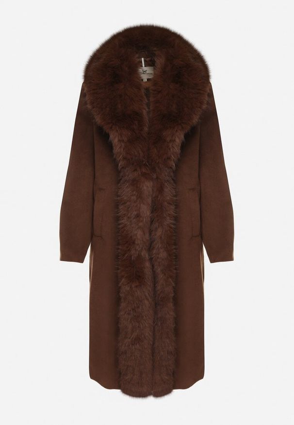 Born2be - Brązowy Płaszcz Ozdobiony Odpinanym Futerkiem Lianossa. Okazja: na co dzień. Kolor: brązowy. Materiał: futro. Wzór: aplikacja. Styl: klasyczny, casual