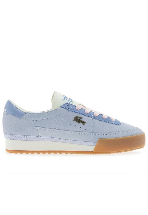 Buty damskie Lacoste Aura 126 4 SFA 751SFA0073-ARH - niebieskie. Okazja: na co dzień. Zapięcie: sznurówki. Kolor: niebieski. Materiał: skóra, guma. Wzór: aplikacja. Obcas: na płaskiej podeszwie. Sport: turystyka piesza