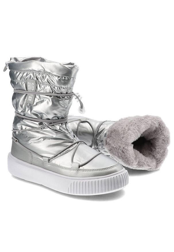 Big-Star - Srebrne Śniegowce Big Star Ocieplane Buty Damskie. Zapięcie: bez zapięcia. Kolor: srebrny. Materiał: futro, skóra ekologiczna, materiał, syntetyk. Szerokość cholewki: normalna. Sezon: zima. Obcas: na platformie. Styl: elegancki