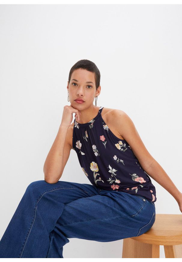 bonprix - Top z mieszanki wiskozy. Kolor: niebieski. Materiał: wiskoza, materiał. Wzór: nadruk