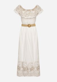 Born2be - Biała Sukienka Hiszpanka w Stylu Boho z Haftem i Paskiem z Klamrą Mellirna. Okazja: na co dzień. Typ kołnierza: dekolt hiszpanka. Kolor: biały. Materiał: poliester, materiał. Wzór: haft. Styl: boho #7