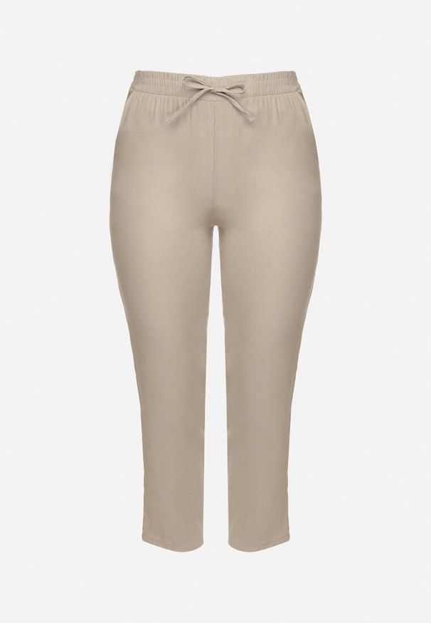 Born2be - Beżowe Spodnie z Lnem i Elastyczną Gumką w Pasie Nativena. Okazja: na co dzień. Kolekcja: plus size. Kolor: beżowy. Materiał: len. Styl: casual