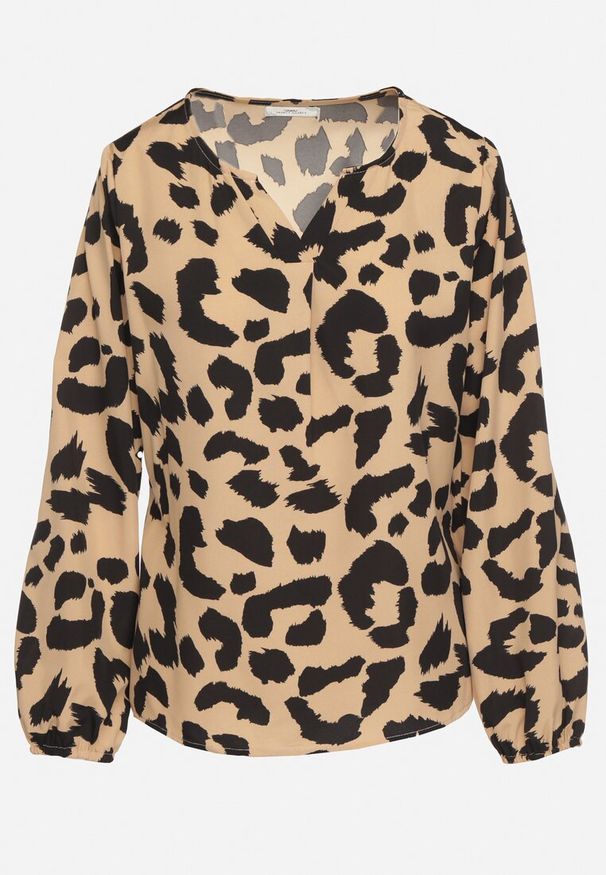 Born2be - Ciemnobeżowa Panterkowa Bluzka z Bawełną Zakończona na Rękawach Ściągaczami Arestia. Okazja: na co dzień, do pracy. Typ kołnierza: dekolt w serek. Kolor: beżowy. Materiał: bawełna. Długość rękawa: długi rękaw. Długość: długie. Styl: sportowy, casual, elegancki