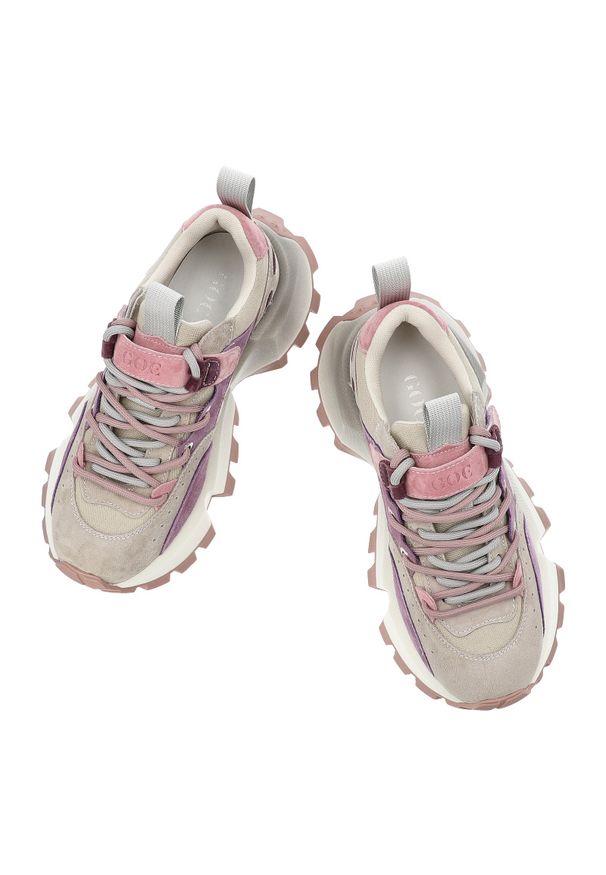 Sneakersy damskie GOE, cholewka ze skóry naturalnej zamszowej kontrastowe panele wiązanie klasyczne, fioletowe, TT2N4026. Okazja: na co dzień. Zapięcie: sznurówki. Kolor: fioletowy. Materiał: skóra, zamsz. Szerokość cholewki: normalna. Styl: klasyczny