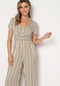 Born2be - Beżowy Wiskozowy Kombinezon z Guzikami przy Dekolcie i Elastyczną Gumką w Talii Tinaleias. Okazja: na co dzień, do pracy. Kolor: beżowy. Materiał: wiskoza. Długość: długie. Wzór: aplikacja. Styl: casual, klasyczny #5