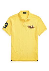 Ralph Lauren - RALPH LAUREN - Żółta koszulka polo Custom Slim Fit. Typ kołnierza: polo. Kolor: żółty. Materiał: bawełna, mesh. Wzór: haft, aplikacja, ze splotem, kolorowy