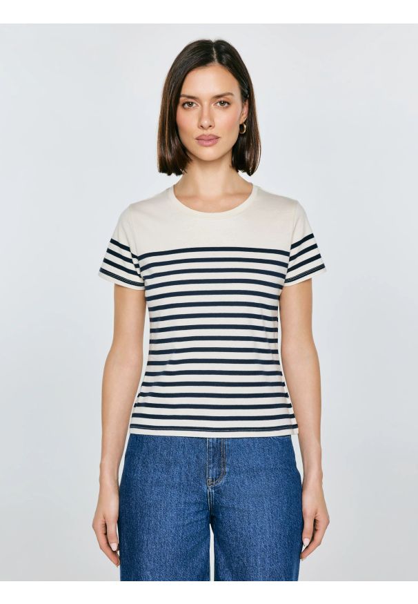 Big-Star - Koszulka damska w paski granatowo-beżowa Norisa 403. Okazja: na co dzień. Kolor: niebieski. Materiał: dzianina, jeans, materiał. Wzór: paski. Styl: casual