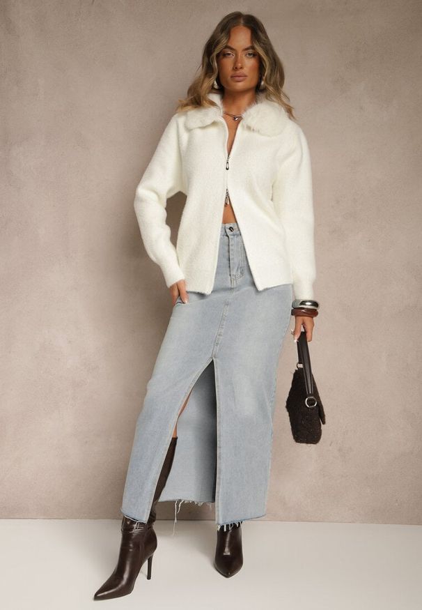 Renee - Jasnobeżowy Zasuwany Kardigan z Wełną z Futerkowym Kołnierzem Asiste. Okazja: na co dzień. Kolor: beżowy. Materiał: wełna. Wzór: aplikacja. Styl: casual