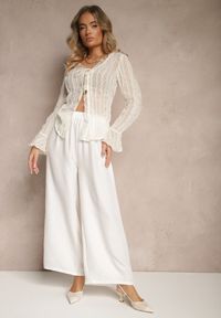 Renee - Białe Spodnie Typu Palazzo High Waist o Szerokim Kroju Arathira. Okazja: na co dzień, na imprezę. Stan: podwyższony. Kolor: biały. Materiał: jedwab. Długość: długie. Styl: elegancki, casual