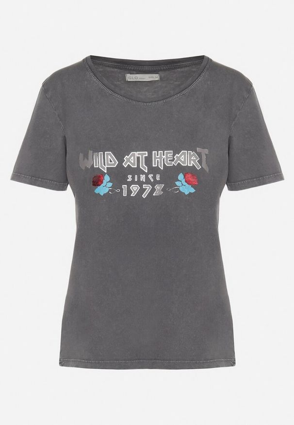 Born2be - Ciemnoszary Bawełniany T-shirt z Metalicznym Nadrukiem Savariae. Okazja: na co dzień. Kolor: szary. Materiał: bawełna. Wzór: nadruk. Styl: elegancki, casual