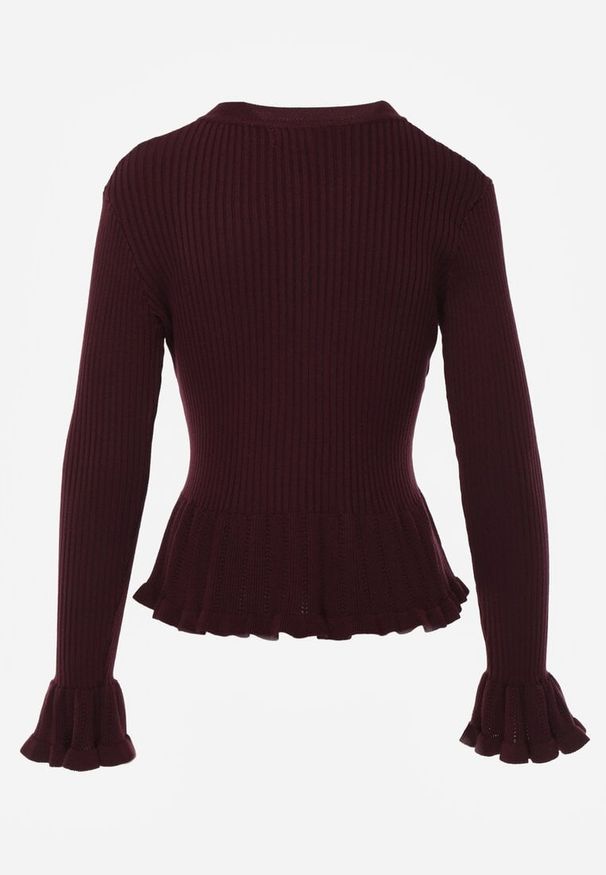 Renee - Bordowy Wiskozowy Kardigan w Prążki z Falbankami i Guzikami z Cyrkoniami Danareia. Okazja: na imprezę, na co dzień. Typ kołnierza: kołnierz z falbankami. Kolor: czerwony. Materiał: wiskoza. Wzór: prążki. Styl: casual