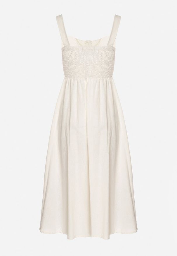 Born2be - Beżowa Sukienka z Bawełny Ozdobiona Haftami i Guzikami Milarietta. Okazja: na co dzień. Kolor: beżowy. Materiał: bawełna. Wzór: aplikacja, haft. Sezon: wiosna, lato. Typ sukienki: proste. Styl: elegancki, klasyczny, casual