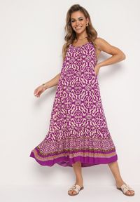 Born2be - Fioletowa Bawełniana Sukienka o Rozkloszowanym Kroju na Cienkich Ramiączkach Nellarra. Kolor: fioletowy. Materiał: bawełna. Długość rękawa: na ramiączkach. Sezon: lato. Styl: elegancki #1