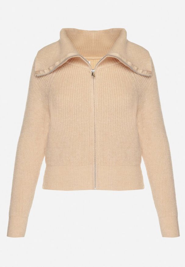 Born2be - Beżowy Kardigan Dzianiny z Wełną z Golfem Zapinany na Suwak Zinellia. Okazja: na co dzień. Typ kołnierza: golf. Kolor: beżowy. Materiał: dzianina, wełna. Długość rękawa: długi rękaw. Długość: długie. Styl: casual, klasyczny