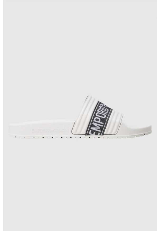 Emporio Armani - EMPORIO ARMANI Białe klapki męskie, Rozmiar 40. Kolor: biały. Materiał: materiał. Wzór: haft