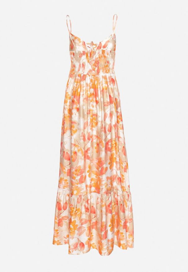 Born2be - Pomarańczowa Sukienka z Wiskozy i Bawełny Rozkloszowana w Kwiatowy Print z Ozdobnym Wiązaniem Wiama. Okazja: na co dzień. Kolor: pomarańczowy. Materiał: wiskoza, bawełna. Wzór: kwiaty, nadruk. Typ sukienki: rozkloszowane. Styl: elegancki, casual