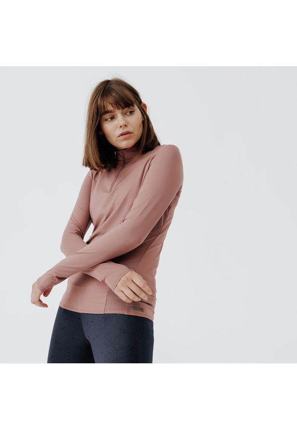 KALENJI - Koszulka do biegania z długim rękawem damska Kalenji Dry+. Kolor: różowy. Materiał: poliester, elastan, materiał. Długość rękawa: długi rękaw. Długość: długie