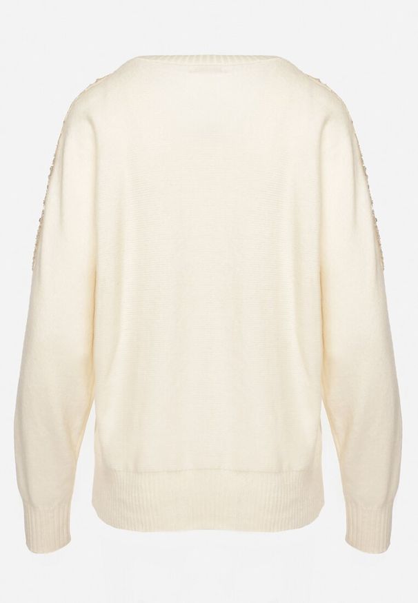 Born2be - Jasnobeżowy Sweter w Stylu Nietoperza z Cyrkoniami i Cekinami Nevalithia. Okazja: na co dzień. Kolor: beżowy. Styl: wizytowy, casual