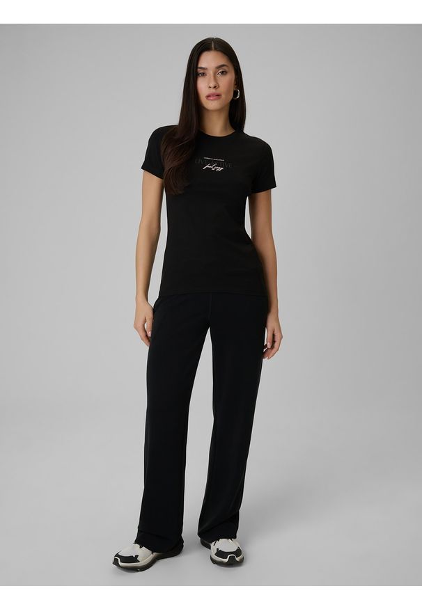 4f - 4F T-shirt slim z nadrukiem damski - czarny XS. Okazja: na co dzień. Kolor: czarny. Materiał: jeans, materiał. Wzór: nadruk. Styl: casual